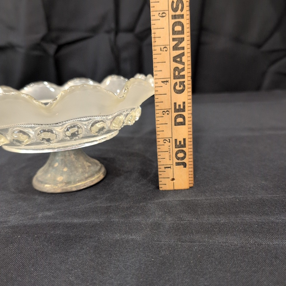 Vintage Frosted Ruffled Glass Compote Bowl Weighted Silver Tone Base - Picture 5 of 6